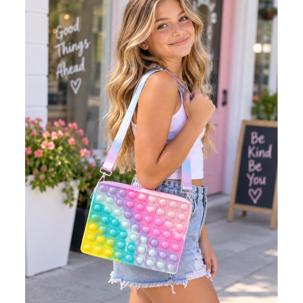 Rainbow Tie Dye Pop Fidget Crossbody Bag Heart Bear Sensory Silicone Purse Kids